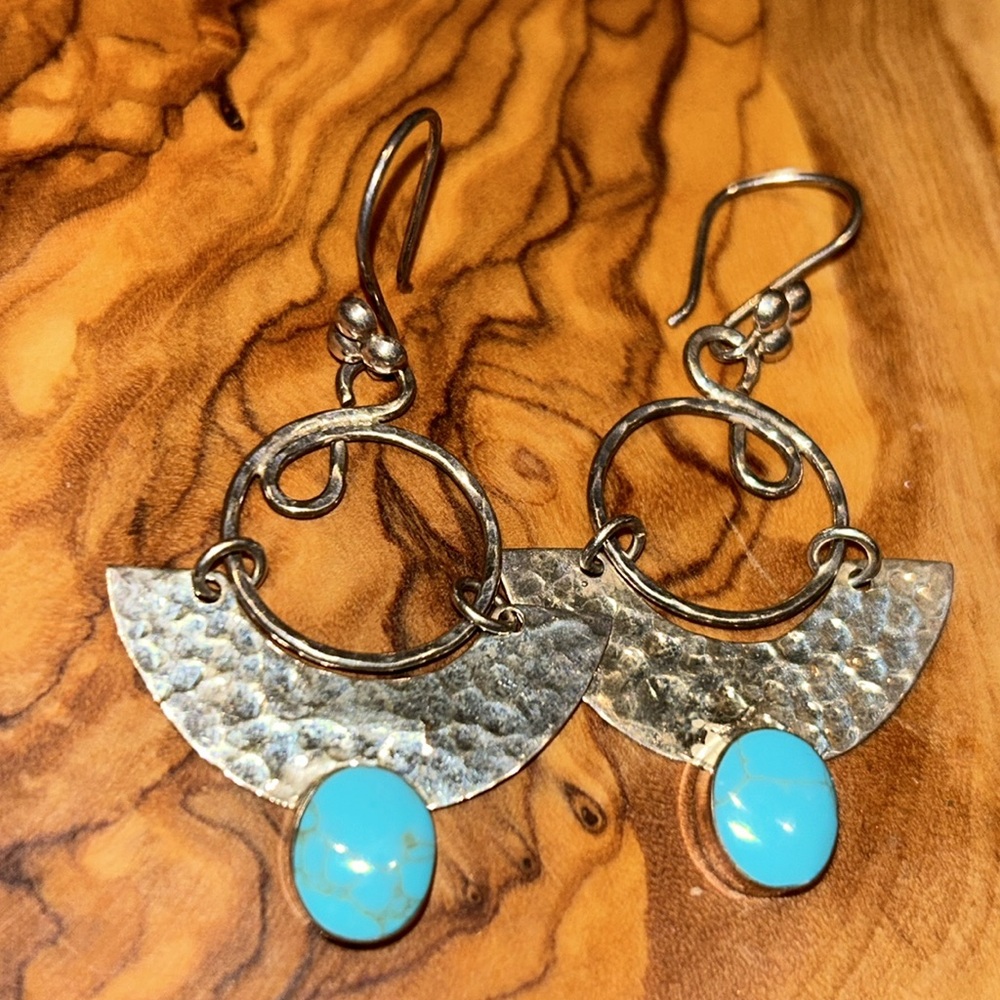 House of Bangles Hammered Sterling Turquoise Earrings From Mexico